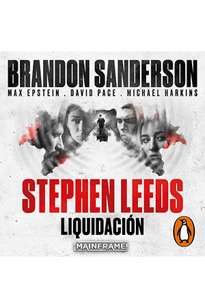 Cubierta cuadrada de Stephen Leeds: Liquidación en audiolibro. En el centro, en pequeño, se ve a un hombre de espaldas corriendo. Es el epicentro de una especie de ondulación, en la que se distingue el rostro de otras cuatro personas, dos hombres y dos mujeres, en blanco y negro.