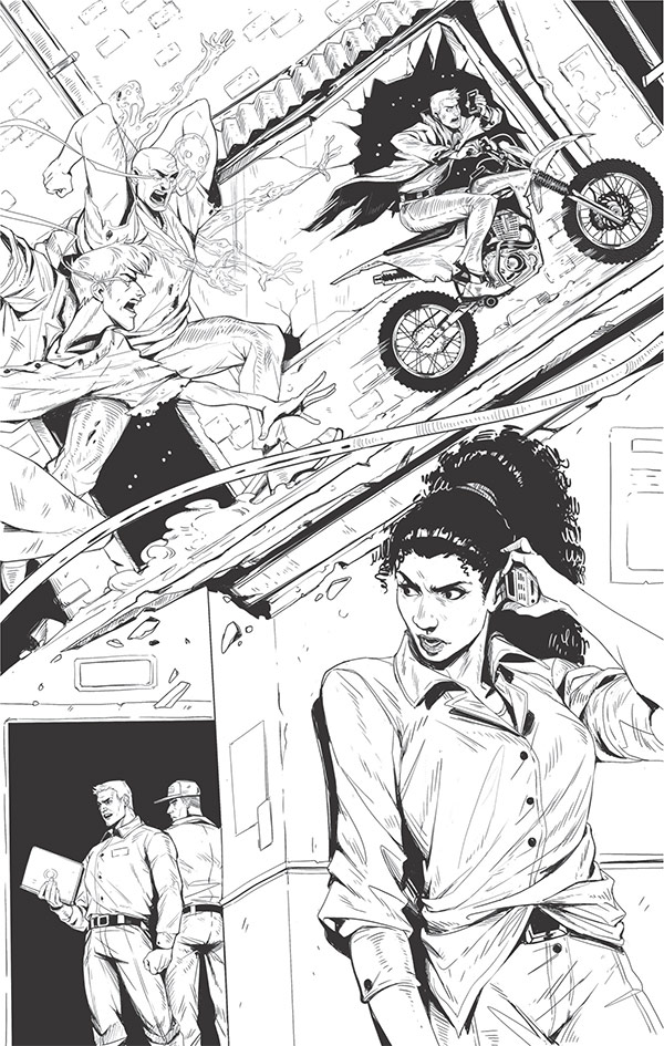 Ilustración en blanco y negro que recuerda a una página de cómic, dinámica, de solo dos viñetas separadas en oblicuo. En la viñeta superior vemos a un hombre rubio vestido con vaqueros y gabardina raída, huyendo en moto de unos atacantes humanos gigantescos, ante un escaparate roto. Sus perseguidores dejan atrás una estela de energía por los ojos y parecen contener unos espíritus etéreos que pugnan por escapar de sus cuerpos. El hombre que huye tiene un teléfono móvil en la mano izquierda. La viñeta de abajo es una mujer con pantalón vaquero y camisa de botones, apoyada en una pared, escuchando preocupada por el móvil mientras, al otro lado de la esquina, dos hombres corpulentos vestidos de guardia de seguridad miran el ordenador portátil que sostiene en la mano uno de ellos.