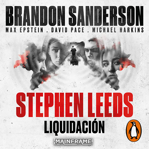 Cubierta cuadrada de Stephen Leeds: Liquidación en audiolibro. En el centro, en pequeño, se ve a un hombre de espaldas corriendo. Es el epicentro de una especie de ondulación, en la que se distingue el rostro de otras cuatro personas, dos hombres y dos mujeres, en blanco y negro.