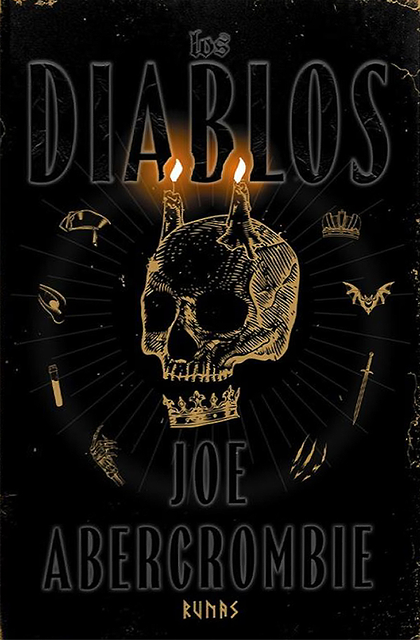 Cubierta de la edición especial de «Los diablos», similar a la habitual, con una calavera amarilla cuya mandíbula inferior es una corona y cuernos que son velas encendidas y queman el título del libro, pero ahora sobre fondo negro y rodeadas por un círculo de ocho pequeños elementos que representan a los protagonistas, como un tricornio, una mano esquelética, un murciélago o una espada.
